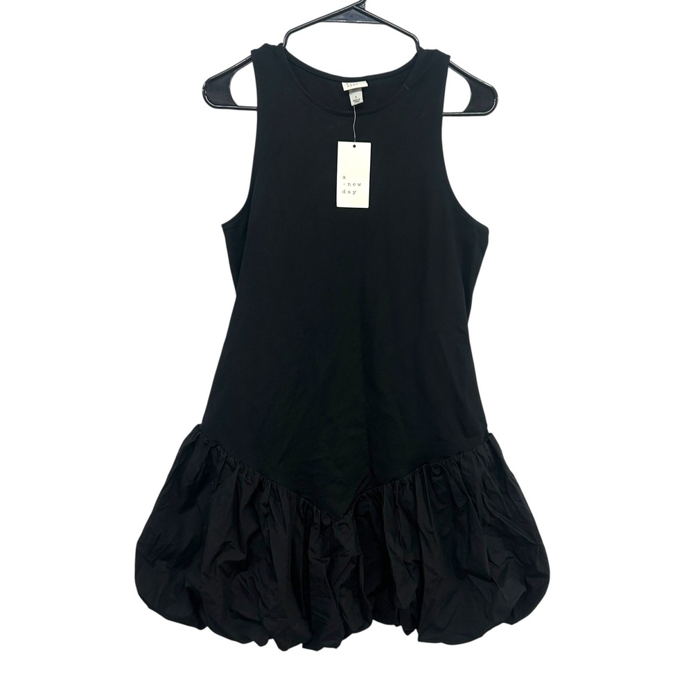 Black Bubble Hem Mini Dress L Minimalist‎ Clean Girl Balletcore Modern Preppy